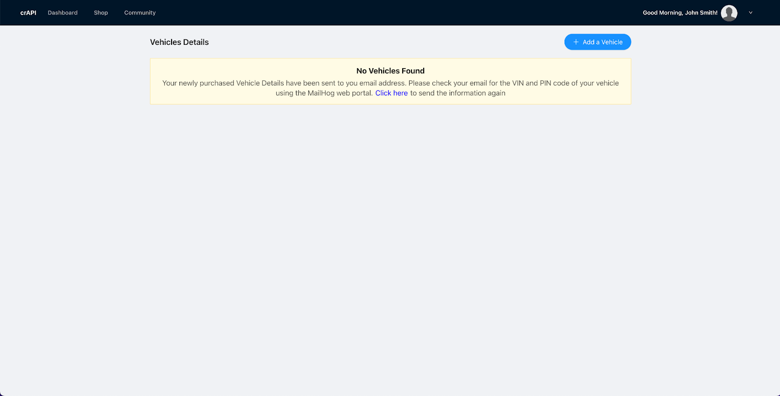 Screenshot of first login to crAPI